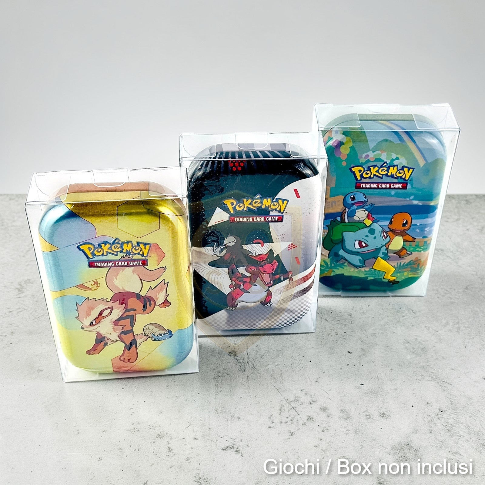 Custodia Mini Tin box pokemon Teca semi-rigida in plastica trasparente