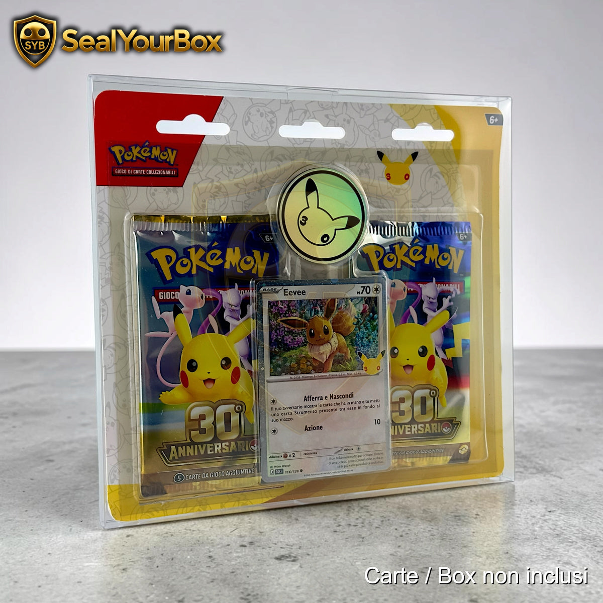 Custodia Collezione Pokemon con Adesivi - Moneta Pikachu del 30th Anniversario in Plastica semi-rigida
