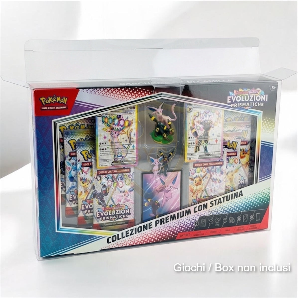 Custodia collezione premium con statuina Pokemon Evoluzioni Prismatiche Umbreon Espeon