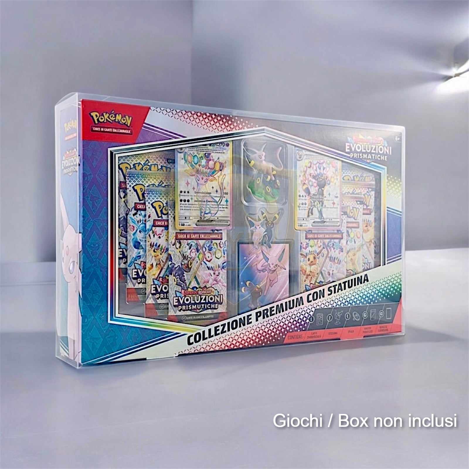 Custodia collezione premium con statuina Pokemon Evoluzioni Prismatiche Umbreon Espeon